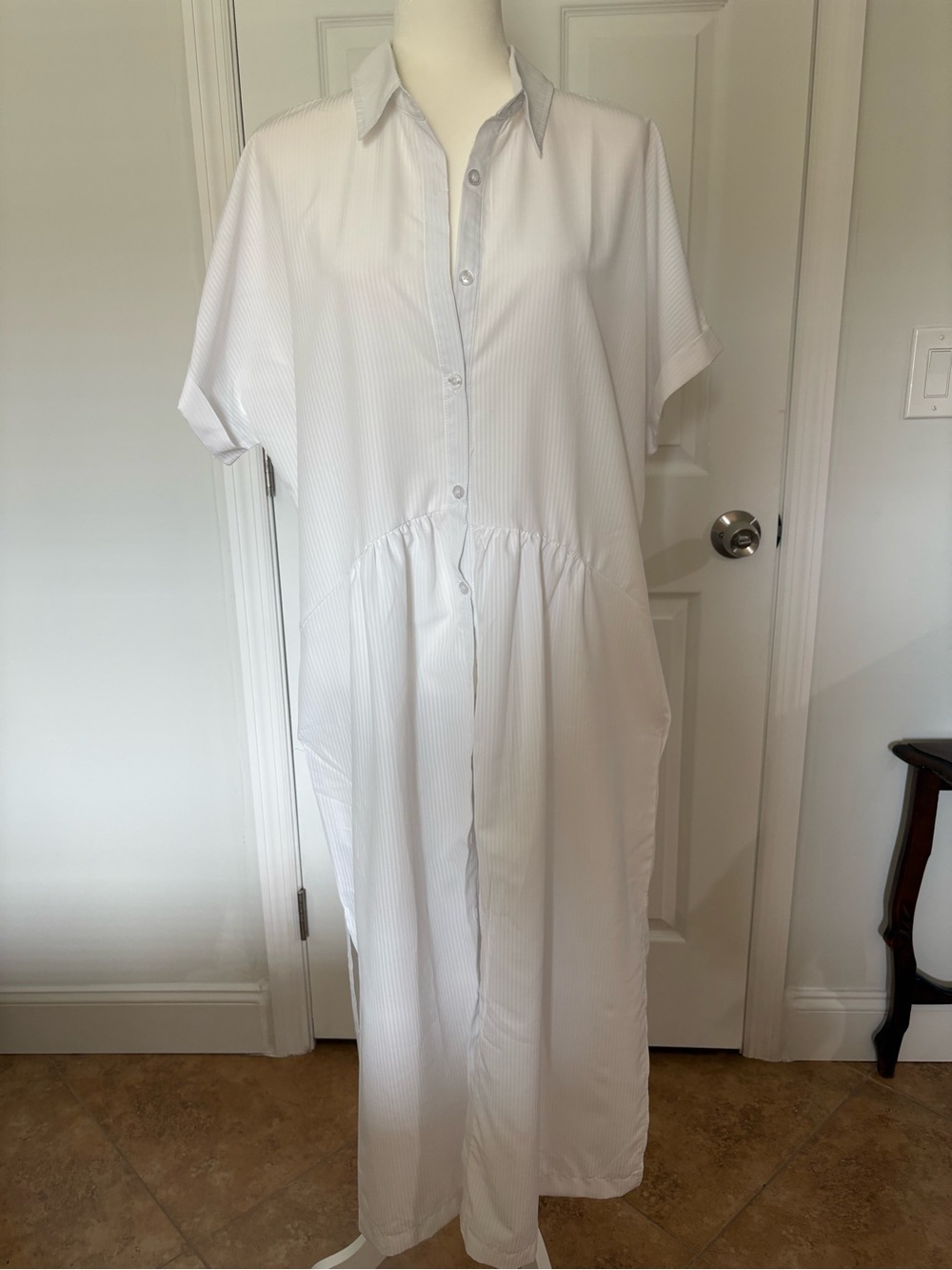 White Button-Front Short Sleeve Maxi Dress
